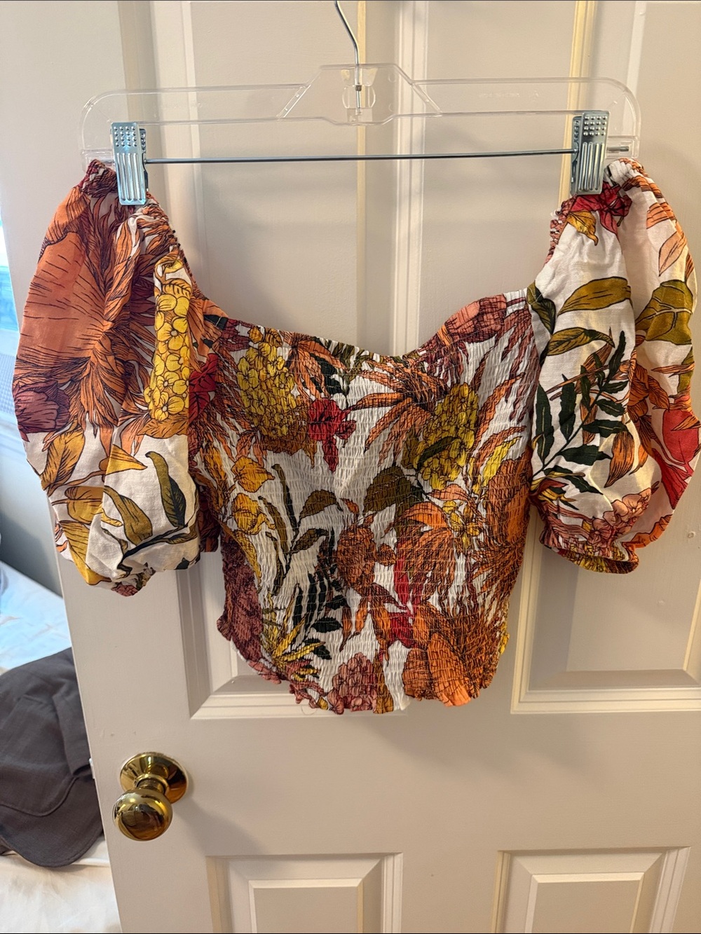Floral Puff-Sleeve Smocked Crop Top - White/Multi
